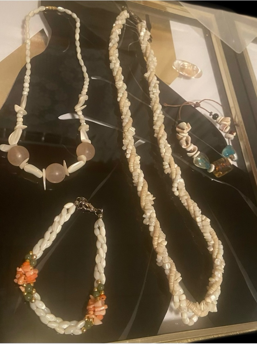 2 Natural Shell Beaded Necklaces & 2 Bracelets & A MOP Brooch #82